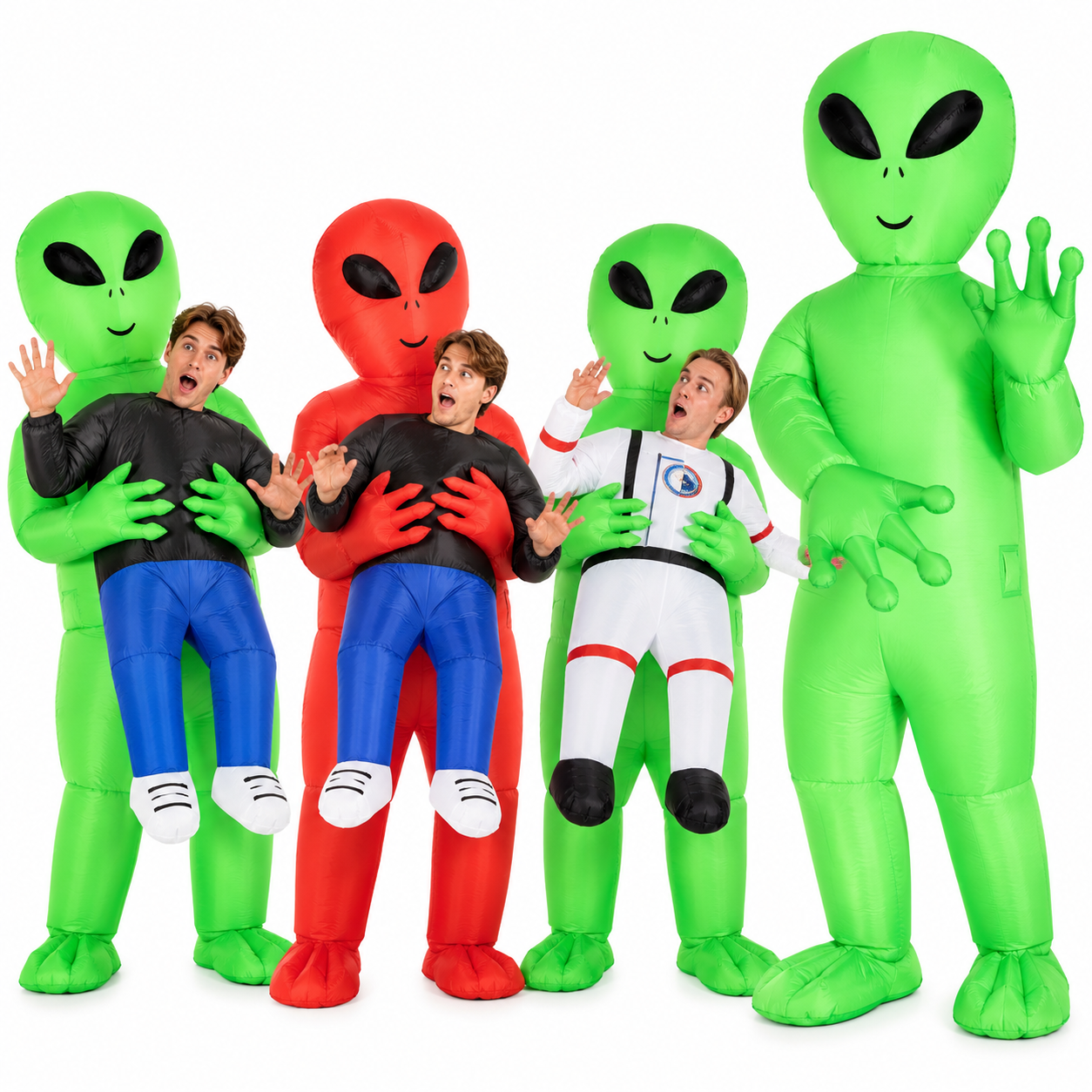 Two friends each wearing a different inflatable green alien costume, one a giant standalone alien