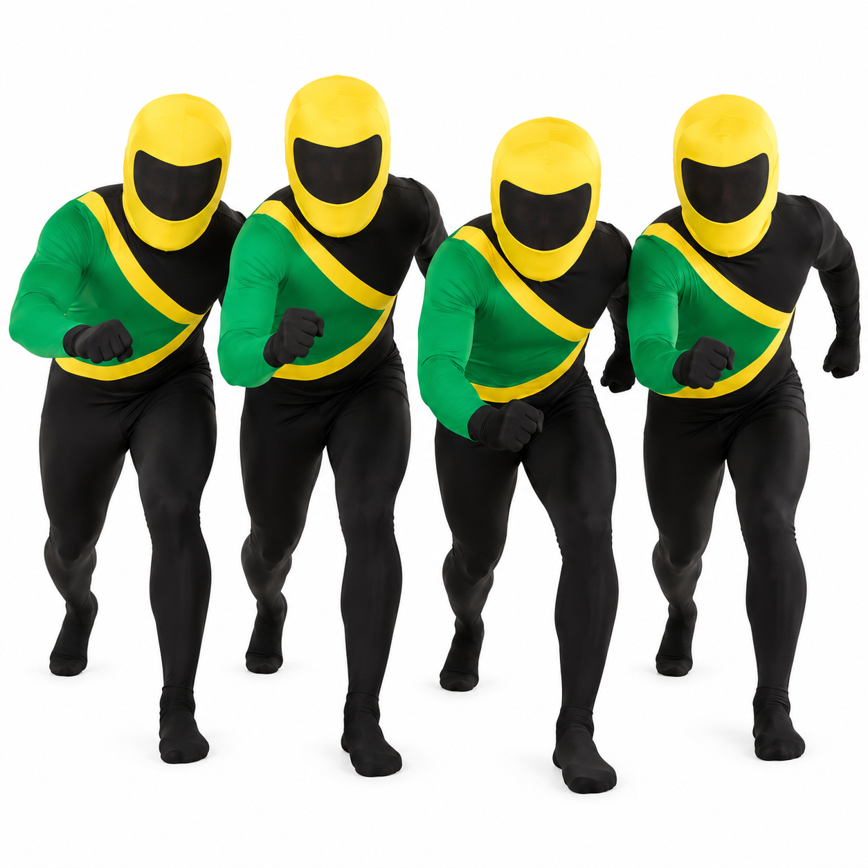 Four friends wearing matching full-body team suits with a chest panel and soft helmet hood