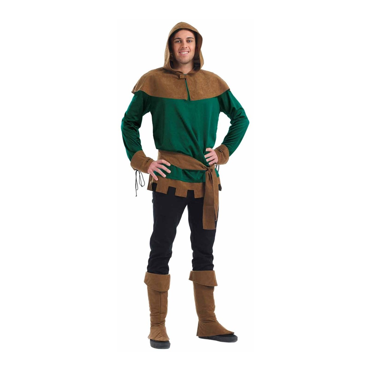 Men's Robin Hood costume with green hooded top, belt and boot covers