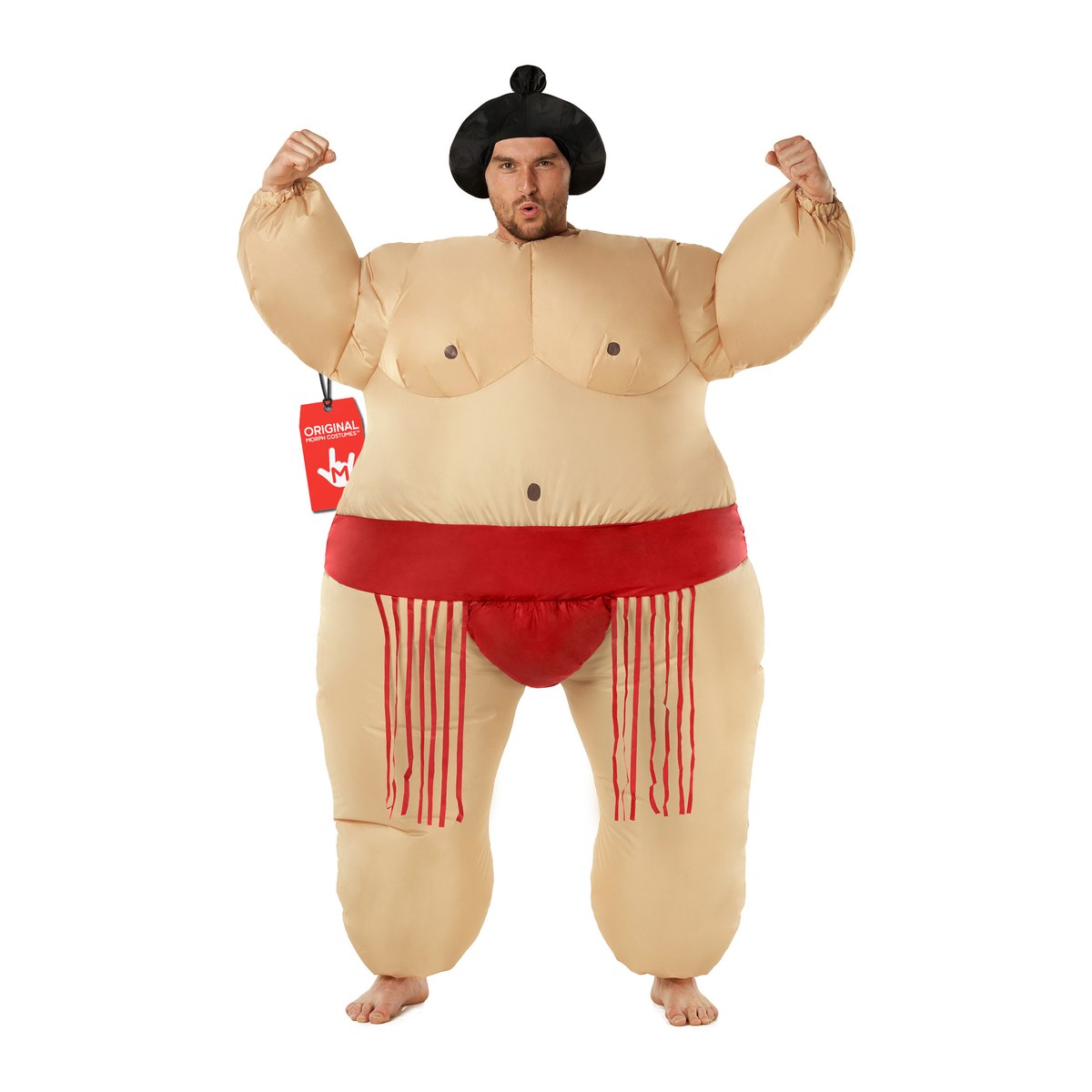 Adult in a red inflatable sumo wrestler costume with a black topknot headpiece, red belt, and tassels, face uncovered