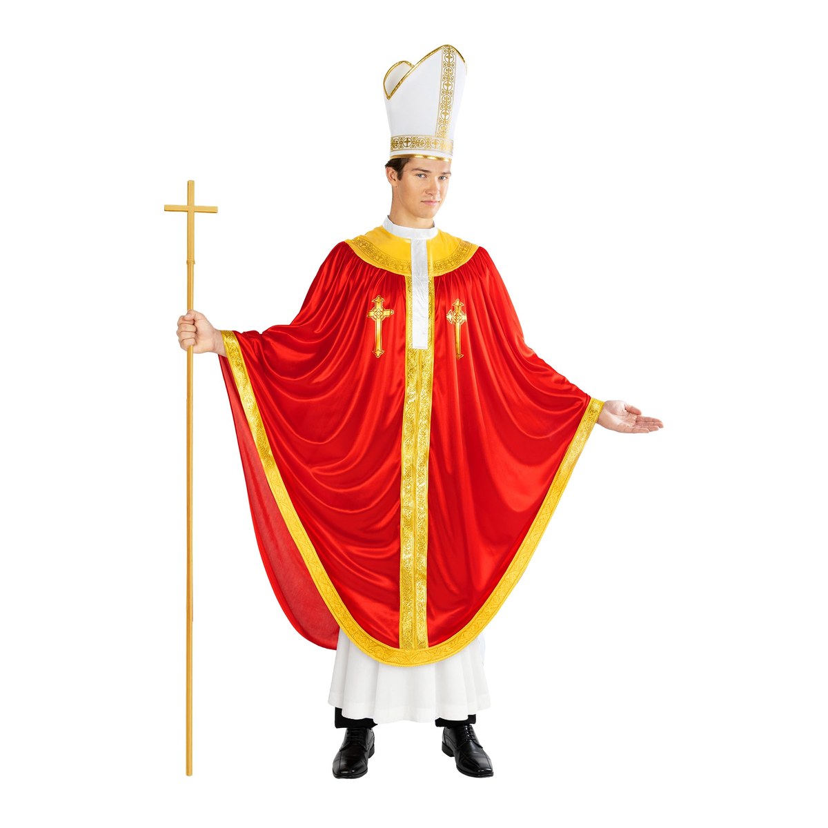 Men's Pope Robes Costume, red and gold cape over a white robe with a tall white mitre hat