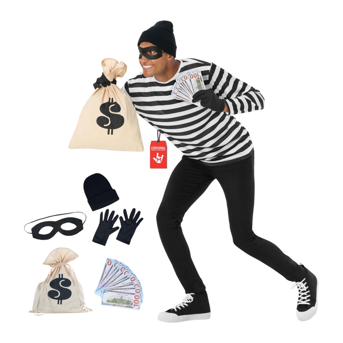 Man in a black-and-white striped burglar costume with a beanie, eye mask, gloves, and a money bag