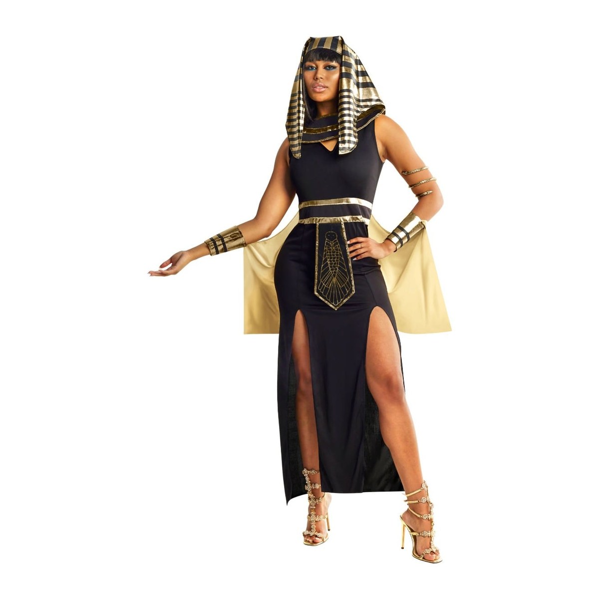 Women's Egyptian queen costume with black maxi dress, gold headpiece and caped arm cuffs
