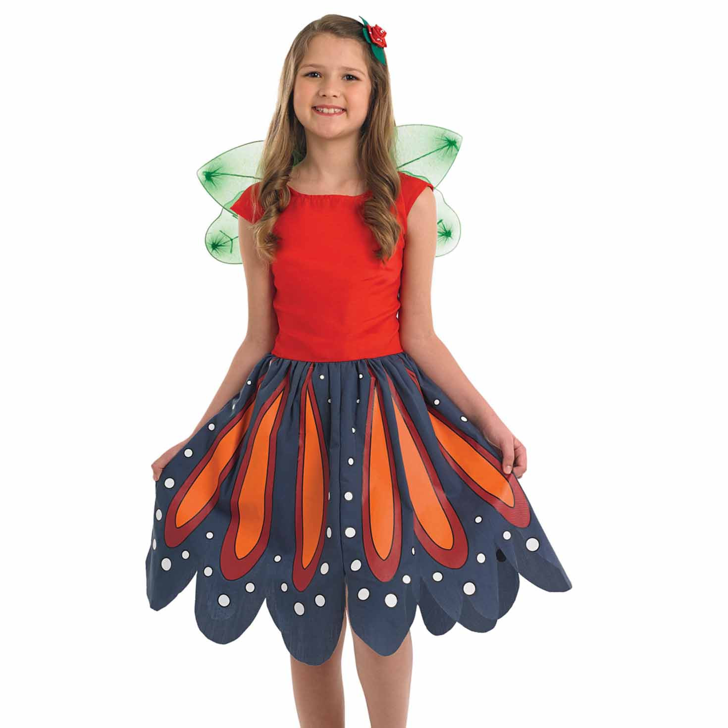 Red Woodland Fairy Kids Girls costume with a red bodice, polka dot skirt, green wings and a floral hairclip