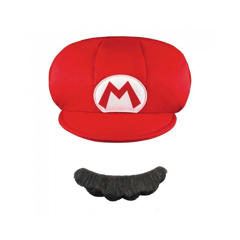 Kids red Mario cap with moustache accessory set