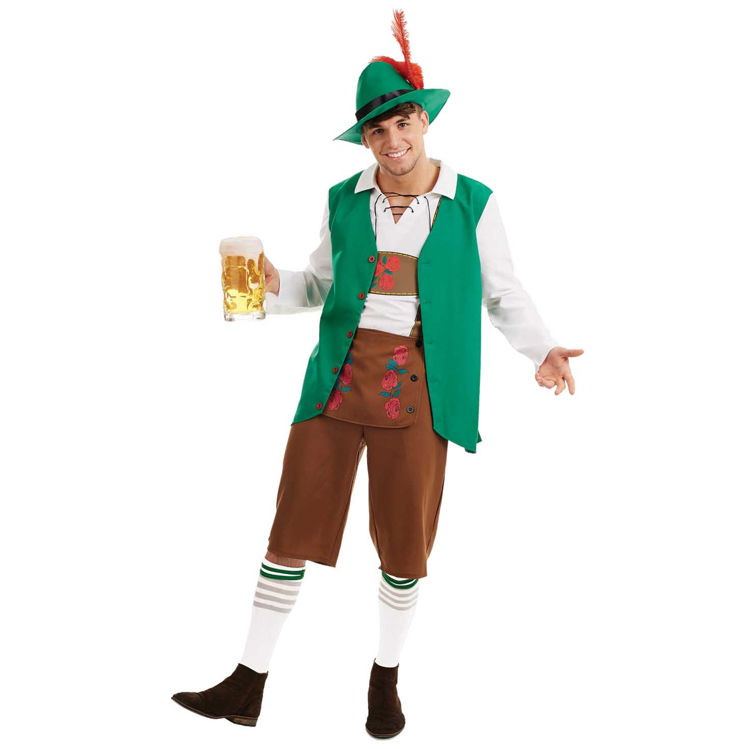 Mens Traditional Oktoberfest Lederhosen Costume, green waistcoat with brown trousers and red-feathered hat