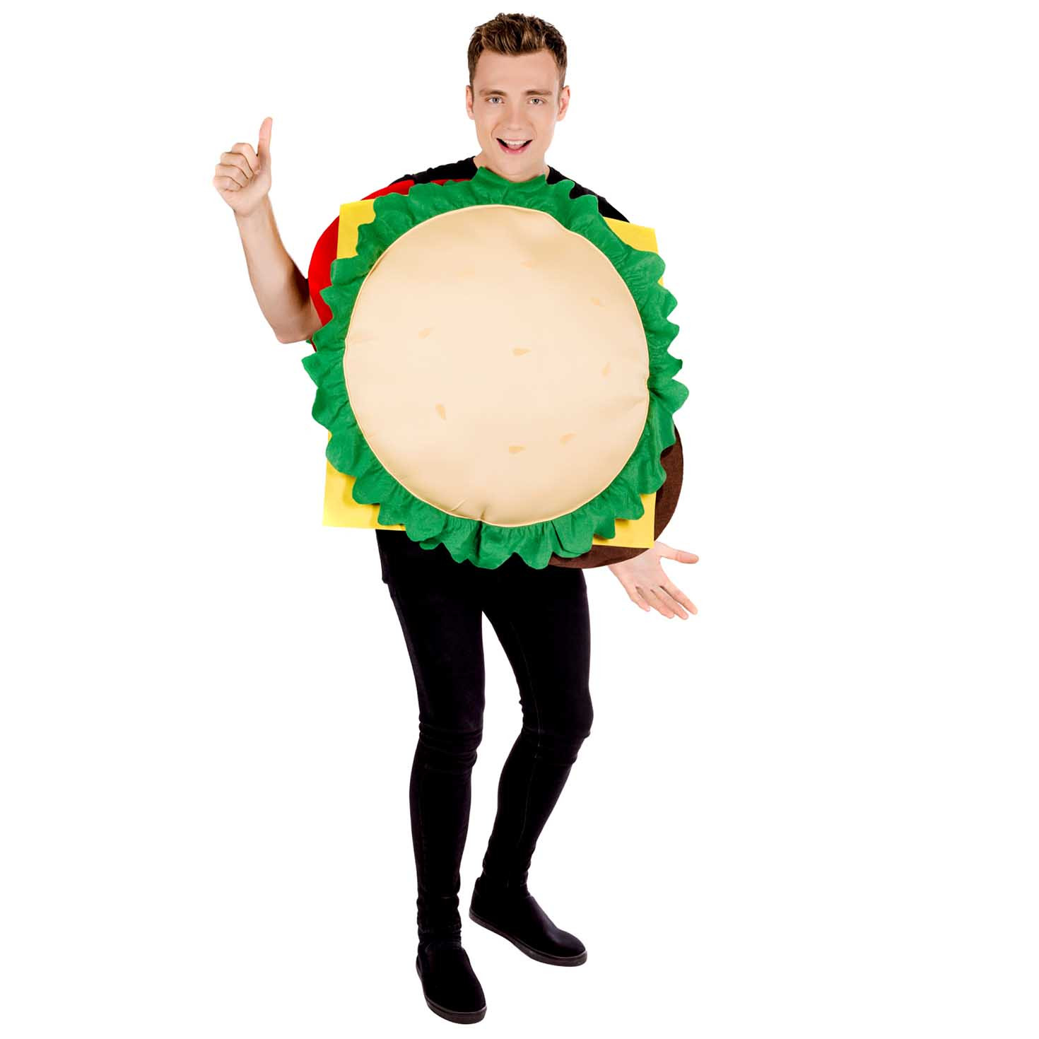 Adult cheeseburger costume tabard with printed lettuce, tomato and cheese detail