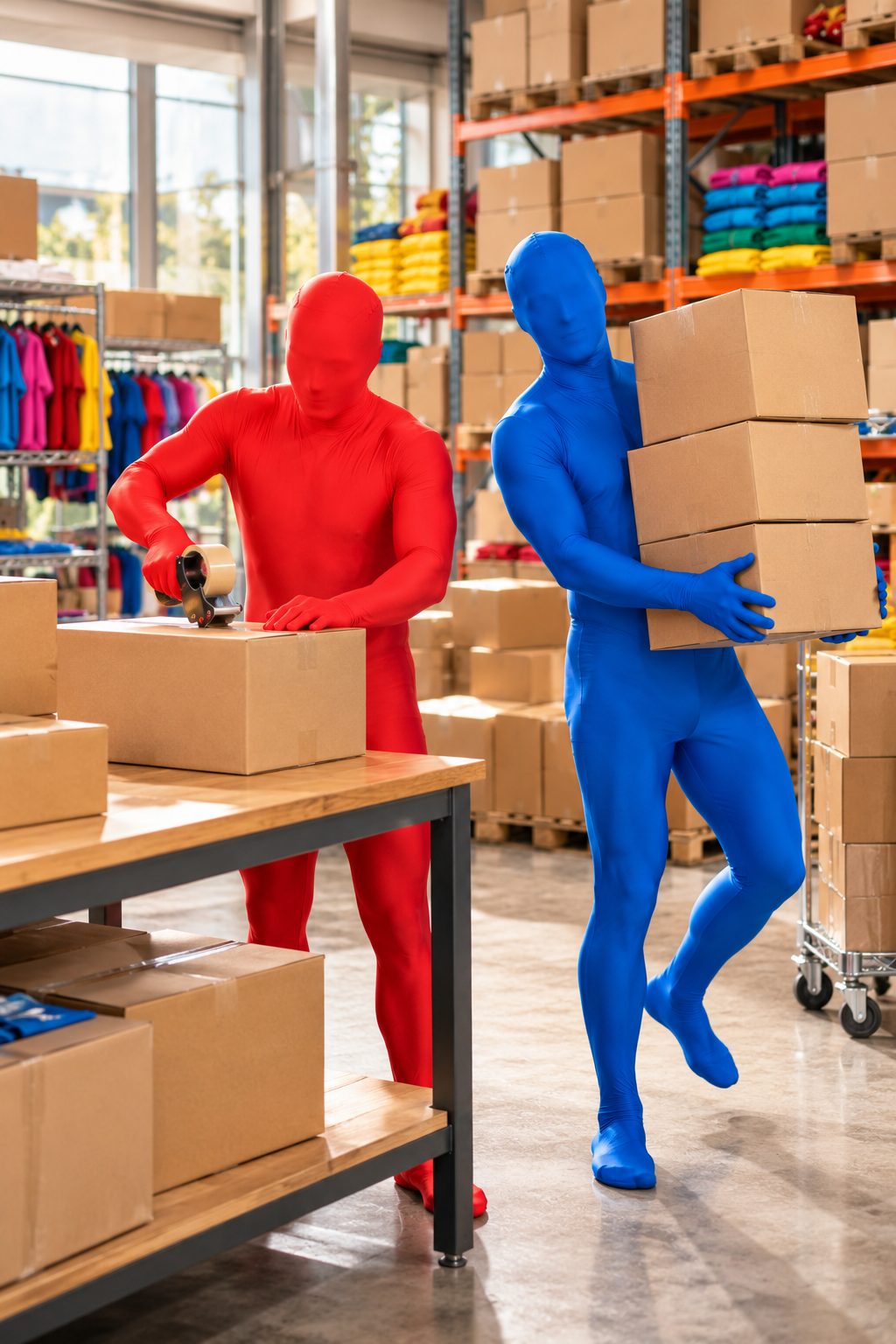 Morphsuit characters packing costume parcels in a busy warehouse